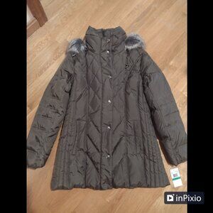 London Fog Faux Fur Trim Puffer Coat with Hood Size L